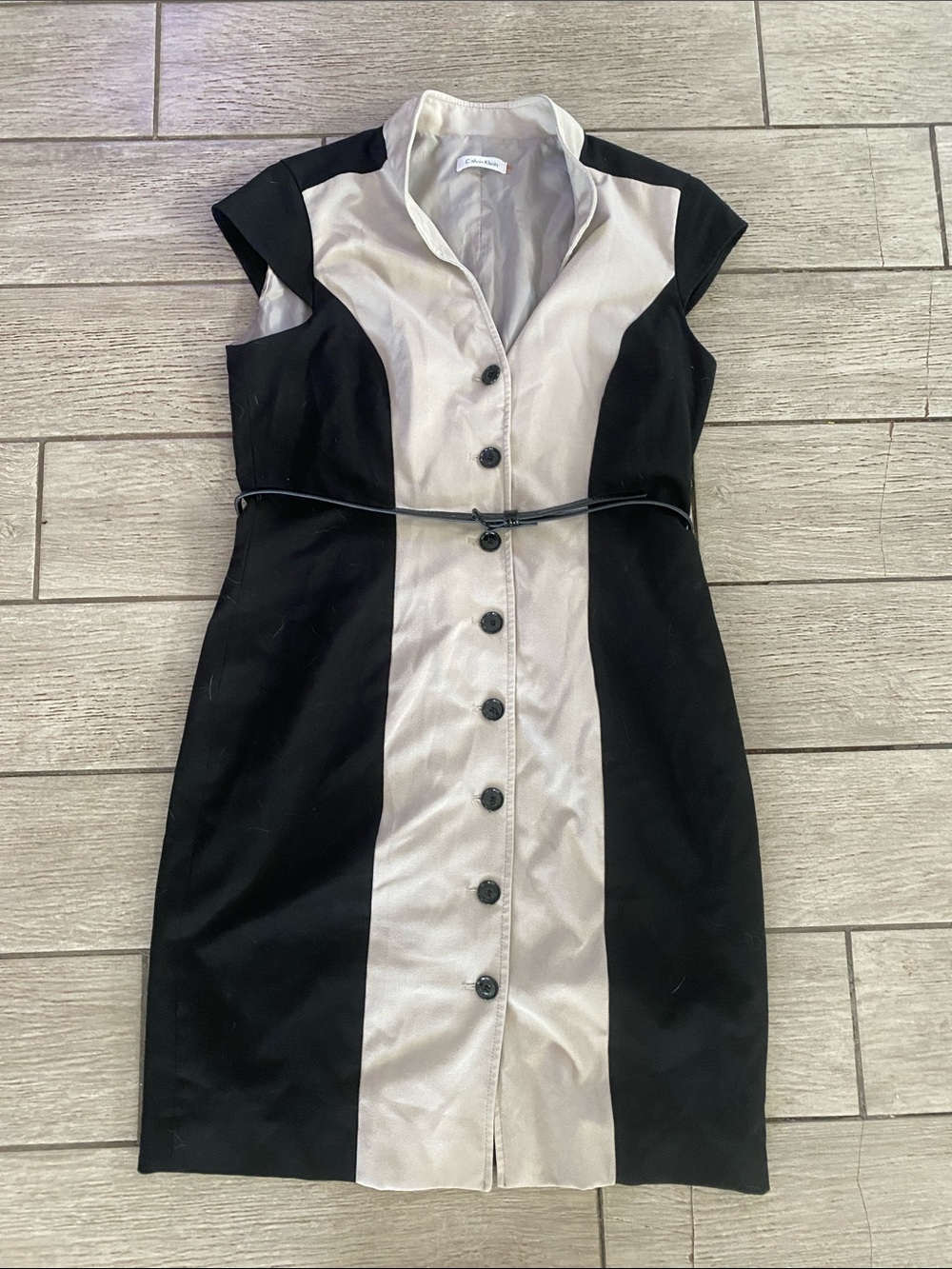Calvin Klein Black and Cream Cap-Sleeve Button-Front Sheath Dress